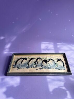 Penguins Chorus Line Crewel Needle Art Framed Finished